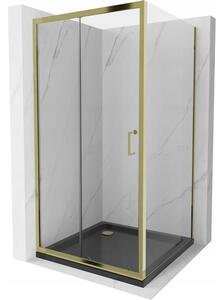 Mexen Apia, cabină de duș cu ușă glisantă 90 (uşă) x 90 (perete) cm, sticlă transparentă 6 mm, profil auriu + cadă de duș SLIM neagră, 840-090-090-50-00-4070G