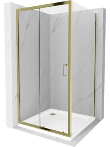 Mexen Apia, cabină de duș cu ușă glisantă 90 (uşă) x 90 (perete) cm, sticlă transparentă 6 mm, profil auriu + cadă de duș SLIM albă, 840-090-090-50-00-4010G