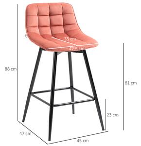 Set de 2 scaune de bar HOMCOM, cu spatar, tapitate, stil nordic, metal, catifea, coral, 45x47x88cm | Aosom RO