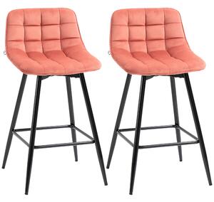 HOMCOM Set de 2 scaune de bar cu spatar si suport pentru picioare, scaune inalte tapitate in stil nordic din metal si catifea, coral, 45x47x88cm
