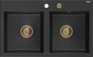 Mexen Hektor, chiuvetă granit cu 2 camere 800x480x205 mm, negru-argintiu metalic, sifon auriu, 6521802000-73-G