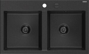 Mexen Hektor, chiuvetă granit cu 2 camere 800x480x205 mm, negru-argintiu metalic, sifon grafit, 6521802000-73-B