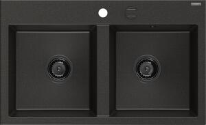 Mexen Hektor, chiuvetă granit cu 2 camere 800x480x205 mm, negru-auriu metalic, sifon grafit, 6521802000-75-B