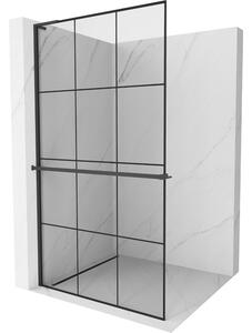 Mexen Kioto+ L, paravan de dus walk-in cu polita si cuier 110 x 200 cm, sticla transparenta 8 mm model negru, profil negru, 800-110-123-70-77