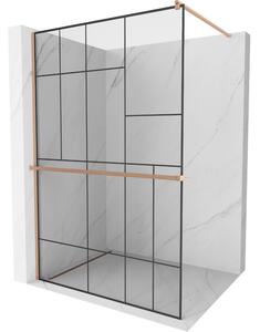 Mexen Kioto+, Paravan de duș cu raft și cuier 100 x 200 cm, model sticlă neagră transparentă de 8 mm, profil cupru mat, 800-100-121-65-78