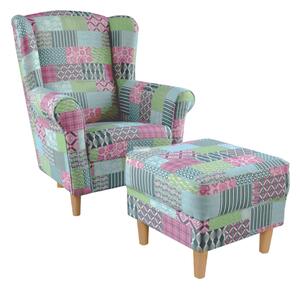 KONDELA Fotoliu cu taburet, material textil în stilul patchwork M1, ASTRID