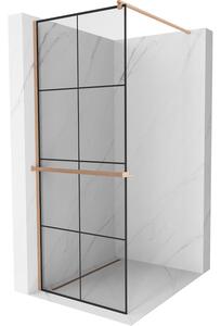 Mexen Kioto+, Paravan de duș cu poliță și cuier 90 x 200 cm, model sticlă neagră transparentă de 8 mm, profil cupru mat, 800-090-121-65-77