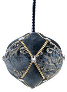 Decoratiune Craciun, Glob cu catifea, broderie cu paiete si pietre, albastru, 23cm