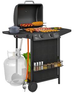 Outsunny Grătar pe Gaz cu Capac, Termometru, Măsuță Laterală și Tavă pentru Colectarea Grăsimii, 107x54x96 cm, Negru | Aosom Romania