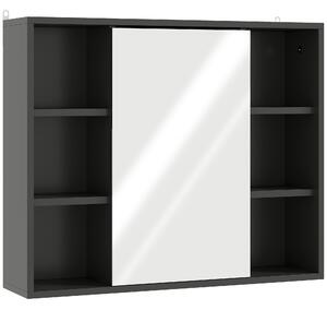 HOMCOM Dulap cu Oglindă pentru Baie, 3 Rafturi Laterale, Raft Reglabil, MDF și PAL, 60x14,5x49,4 cm, Negru și Lemn Natur | Aosom Romania