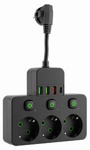 Toolight Toolight, JNH018, prelungitor cu 3 prize + 3× USB-A + USB-C cu lumină LED, negru, OSW-56307