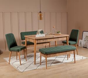 Masă de sufragerie extensibilă cu 2 scaune și 2 bănci Vlasta (pin antlantic + verde). 1072184