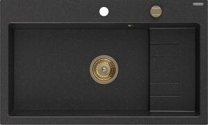 Mexen Omar, chiuveta granit cu 1 camera 800x480x210 mm, negru-argintiu metalic, sifon auriu, 6520801005-73-G