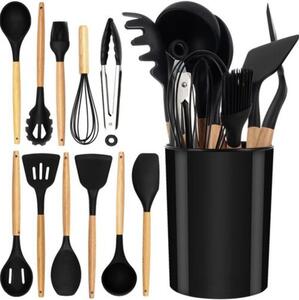 Set ustensile din silicon, pentru gatit - Negru, 12 piese