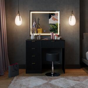 SEN251 - Set Masa toaleta, 90 cm, cosmetica, masuta machiaj, oglinda cu LED, cu sau fara scaun - Negru cu riflaje