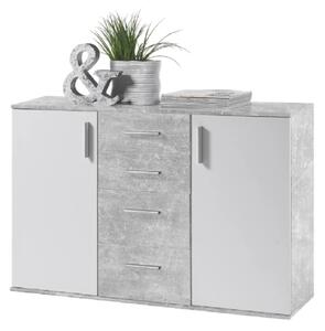 Comoda POPPY 5, alb/gri ciment, PAL melaminat, 120x35x82 cm