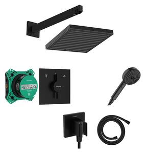 Set de duș, Hansgrohe, cu baterie DuoTurn E, iBox 2, pălărie Pulsify E 260 și pară de duș, cot racord și furtun, negru mat