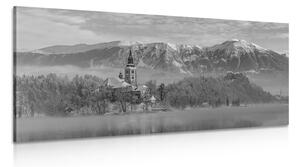 Tablou biserică lângă lac în Bled Slovenia alb-negru
