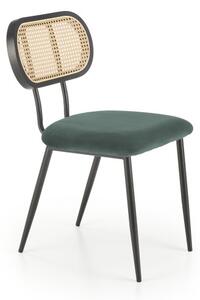 Scaun tapitat living/sufragerie, cadru otel, stil vintage, ratan si catifea, 53x60x84x49 cm, verde inchis
