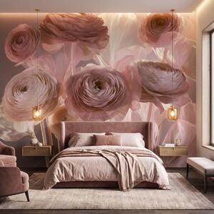 Tapet Flori mari de ranunculus, cu aspect artistic, în nuanțe delicate de roz și crem, Fototapet Flori, w09921 : Uwalls.ro