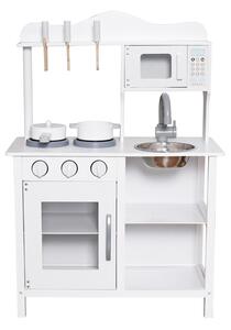 Bucatarie din lemn si MDF pentru copii, cuptor cu microunde, chiuveta, rafturi, ustentile pentru gatit, 60x30x85 cm, alba