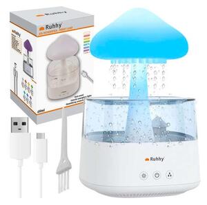 Umidificator cu aromaterapie, efect de ploaie, forma ciuperca, lumina LED 7 culori, 3 moduri, capacitate 450 ml