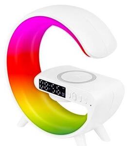 Lampa de birou LED G-Shape RGB 5W, difuzor Bluetooth 155 mm, incarcare wireless Qi, ceas cu alarma, radio FM, 420 lm