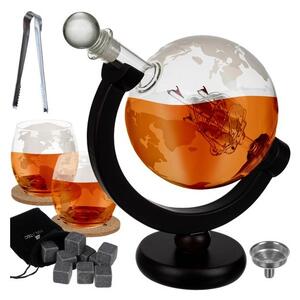 Decantor wisky tip glob, set 2 pahare, cuburi gheata, cleste, 20x13x22 cm, sticla si lemn
