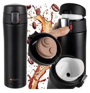 Termos pentru bauturi calde, 440 ml, baza antiderapanta, deschidere automata, blocare, negru