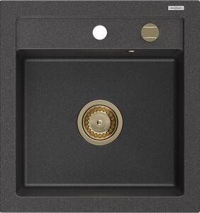 Mexen Vito, chiuveta granit 520x490x210 mm, 1 camera, pete negre cu sifon auriu, 6503521000-76-G