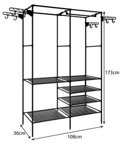Suport XXL pentru haine si accesorii, 6 rafturi, sina suspendata, 8 umerase laterale, maxim 80 kg, 173x36x108 cm