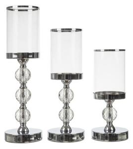 Set 3 sfesnice lumanari, stil glamour, inaltimi diferite, cristale decorative, baza 12 cm