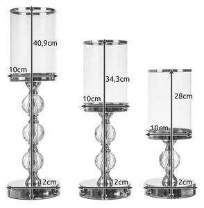 Set 3 sfesnice lumanari, stil glamour, inaltimi diferite, cristale decorative, baza 12 cm