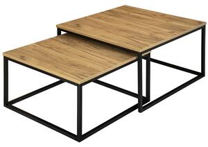 Set 2 masute de cafea in stil rustic, Velen, cadru metalic, blat laminat, maxim 75 kg, negru/stejar