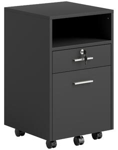 Vinsetto Comodă de Birou cu 2 Sertare și Raft Deschis, Mobilier cu 5 Rotile, Încuietoare și 2 Chei, 39x40x65 cm, Negru | Aosom Romania