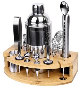 Set ustensile barman cu suport si 12 piese, CHESTER, pahar masura, cleste gheata, Cocktail Shaker 750 ml, bambus si otel