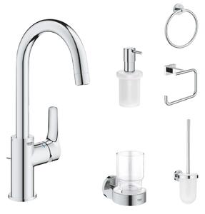 Set baterie lavoar Grohe Eurosmart New si accesorii baie Grohe Essentials, crom