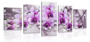 Tablou 5-piese flori violete pe un fundal abstract