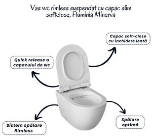 Set vas wc rimless cu capac soft close Fluminia Minerva, rezervor incastrat si clapeta alb crom mat Alcadrain M1976-2
