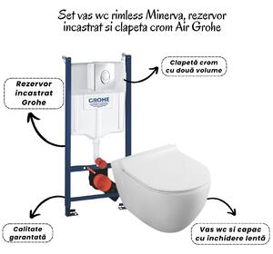 Set vas wc rimless cu capac soft close Fluminia Minerva, rezervor incastrat si clapeta crom Skate Air Grohe