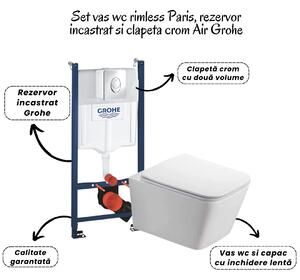 Set vas wc rimless cu capac soft close Fluminia Paris, rezervor incastrat si clapeta crom Skate Air Grohe