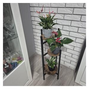 Suport de flori cu 3 rafturi, inaltime totala 81 cm, stil industrial, fier, MDF, PP
