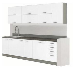 Set bucatarie PRADO, alb lucios/gri/gri cu efect de marmura, PAL melam