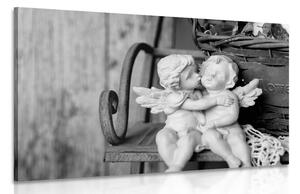 Tablou statuete de îngeri pe bancă în design alb-negru