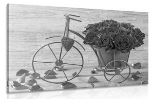 Tablou bicicletă plină de trandafiri în design alb-negru
