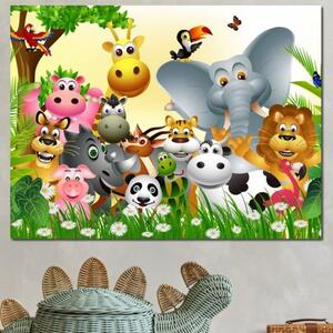 Tablou Canvas Premium, LuxCanva® K1022, Prietenii Veseli din Jungla, Animale, Desene Animate, Jungla, Colorat, Veselie, Gradinita, Educativ, Natura, Cresa, Girafa, Leu, Camera Copii