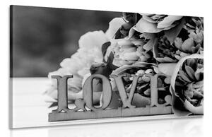 Tablou bujori cu inscripție Love în design alb-negru