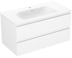 Mexen Rivel, mobilier baie 90 cm cu lavoar Vela, 2 sertare, canelat, alb mat, 91A20-09047-2-BFF01-W23M01