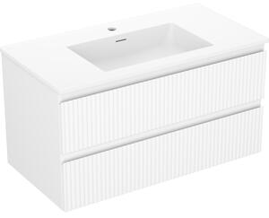 Mexen Rivel, mobilier de baie 90 cm cu lavoar Otis, 2 sertare, canelat, alb mat, 91A20-09047-2-BFF01-W18M01