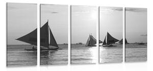 Tablou 5-piese apus de soare frumos la mare în design alb-negru